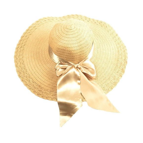 Floppy Straw Sun Hat 5” w/ Silk Bow - Beige - Picture 1 of 8